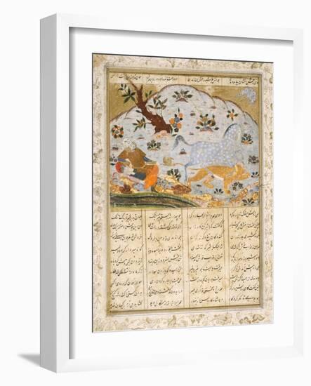 Raksh Saves Rustam from a Lioness-null-Framed Art Print