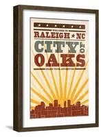 Raleigh, North Carolina - Skyline and Sunburst Screenprint Style-Lantern Press-Framed Art Print