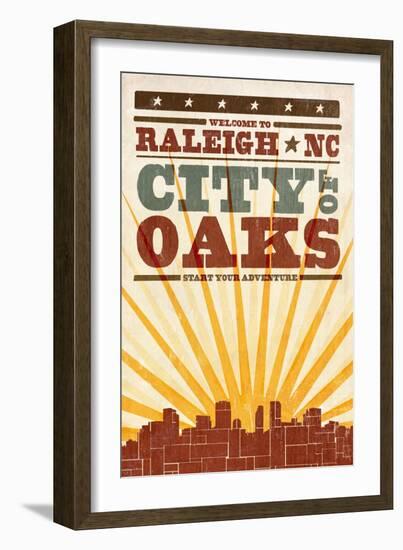 Raleigh, North Carolina - Skyline and Sunburst Screenprint Style-Lantern Press-Framed Art Print