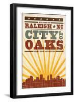 Raleigh, North Carolina - Skyline and Sunburst Screenprint Style-Lantern Press-Framed Art Print