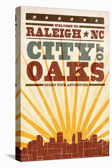Raleigh, North Carolina - Skyline and Sunburst Screenprint Style-Lantern Press-Stretched Canvas