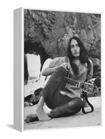 Folk Singer Joan Baez on the Beach with Guitar Near Her Home