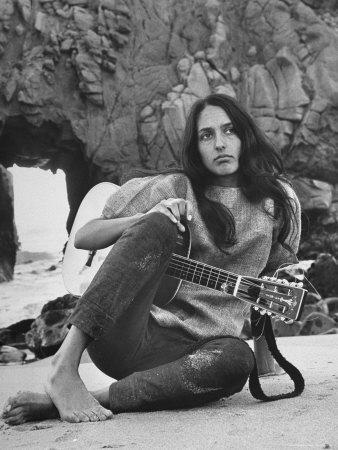 Folk Singer Joan Baez on the Beach with Guitar Near Her Home