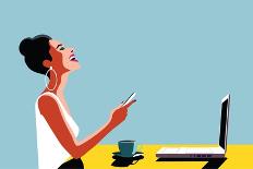 Happy Young Beautiful Woman Using Smartphone and Laptop, Indoors. Retro Vintage Illustration, Pop A-ralwel-Art Print