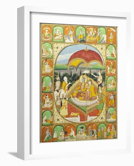 Rama and Sita Enthroned, Worshipped by Shiva, Hanuman and Others, 1800-20 (Gouache)-null-Framed Giclee Print