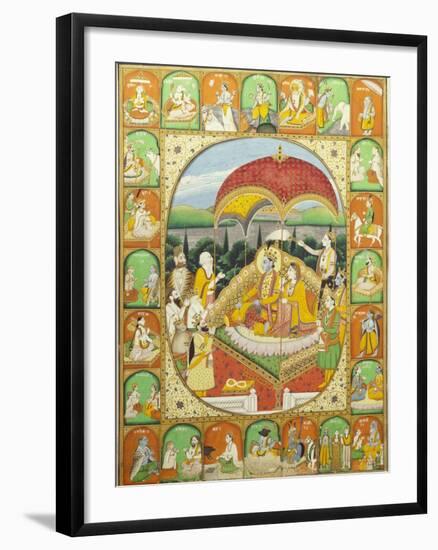 Rama and Sita Enthroned, Worshipped by Shiva, Hanuman and Others, 1800-20 (Gouache)-null-Framed Giclee Print