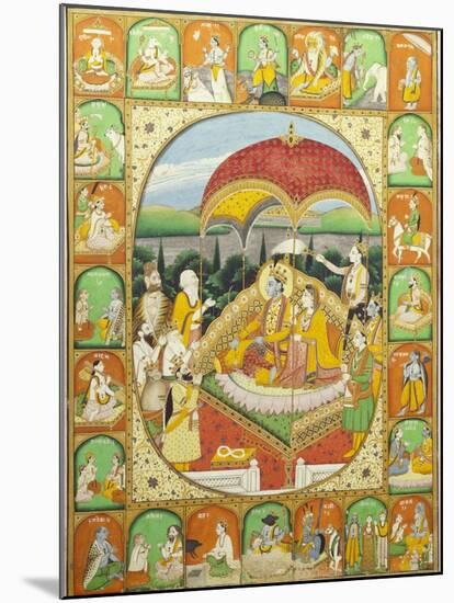 Rama and Sita Enthroned, Worshipped by Shiva, Hanuman and Others, 1800-20 (Gouache)-null-Mounted Giclee Print