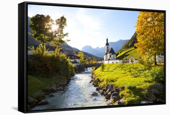 Ramsau Church in Autumn, Ramsau, Near Berchtesgaden, Bavaria, Germany, Europe-Miles Ertman-Framed Stretched Canvas