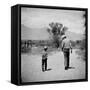 Rancher James A. Shugart Walking a Dusty Road with Son James Jr-Allan Grant-Framed Stretched Canvas