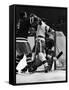 Ranger Goalie Jack McCarran and Detroit Red Wings Gordie Howie During Game-George Silk-Framed Stretched Canvas