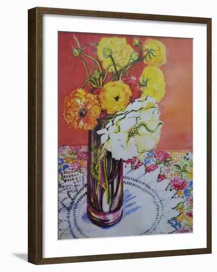 Ranunculus on a Lace Cloth-Joan Thewsey-Framed Giclee Print