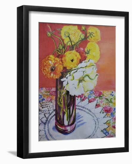 Ranunculus on a Lace Cloth-Joan Thewsey-Framed Giclee Print