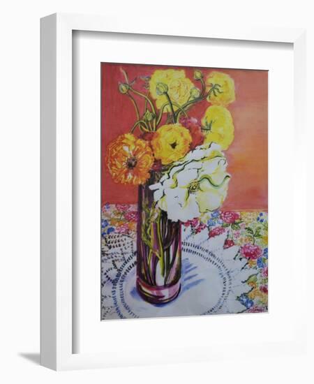 Ranunculus on a Lace Cloth-Joan Thewsey-Framed Giclee Print