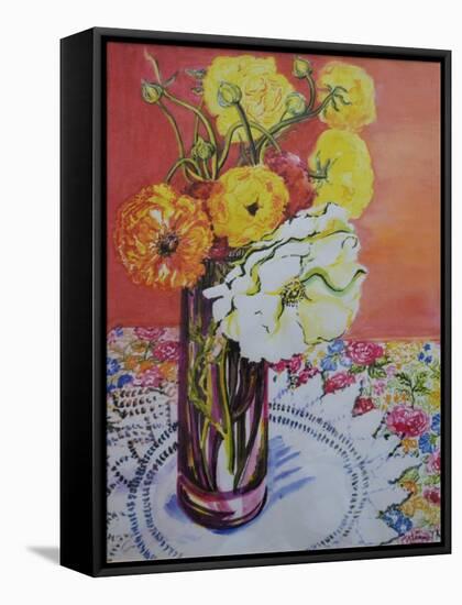 Ranunculus on a Lace Cloth-Joan Thewsey-Framed Stretched Canvas