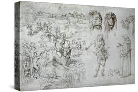 Rape of Europa, Lion's Heads, Archer, Sage, Skull, Drawing-Albrecht Dürer-Stretched Canvas
