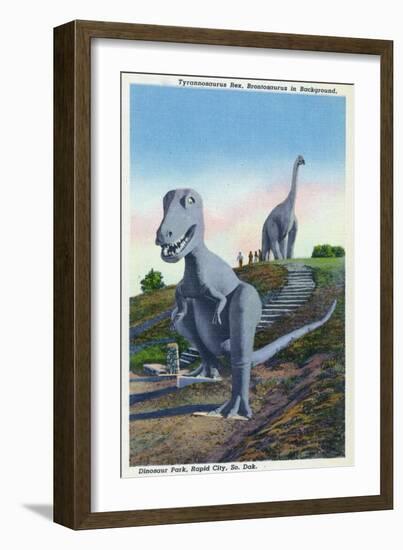 Rapid City, South Dakota, Dinosaur Park View of T-Rex, Brontosaurus Statues-Lantern Press-Framed Art Print