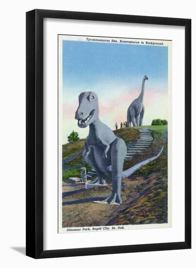 Rapid City, South Dakota, Dinosaur Park View of T-Rex, Brontosaurus Statues-Lantern Press-Framed Art Print