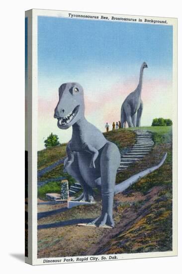 Rapid City, South Dakota, Dinosaur Park View of T-Rex, Brontosaurus Statues-Lantern Press-Stretched Canvas