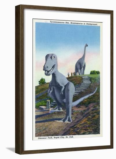 Rapid City, South Dakota, Dinosaur Park View of T-Rex, Brontosaurus Statues-Lantern Press-Framed Art Print