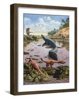 Raptors Attack a Vulnerable Mosasaurus That Remained Aground at Low Tide-null-Framed Art Print