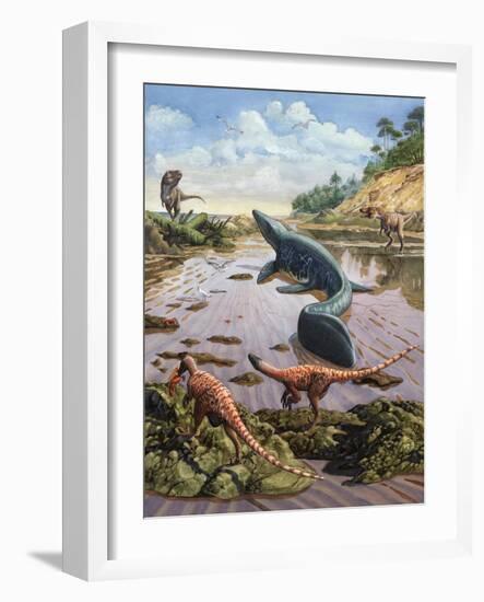 Raptors Attack a Vulnerable Mosasaurus That Remained Aground at Low Tide-null-Framed Art Print