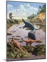 Raptors Attack a Vulnerable Mosasaurus That Remained Aground at Low Tide-null-Mounted Art Print