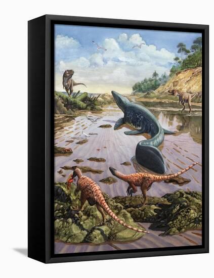 Raptors Attack a Vulnerable Mosasaurus That Remained Aground at Low Tide-null-Framed Stretched Canvas
