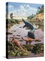 Raptors Attack a Vulnerable Mosasaurus That Remained Aground at Low Tide-null-Stretched Canvas