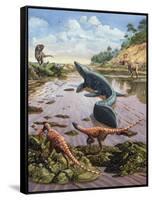 Raptors Attack a Vulnerable Mosasaurus That Remained Aground at Low Tide-null-Framed Stretched Canvas