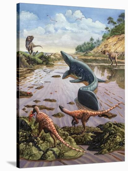 Raptors Attack a Vulnerable Mosasaurus That Remained Aground at Low Tide-null-Stretched Canvas