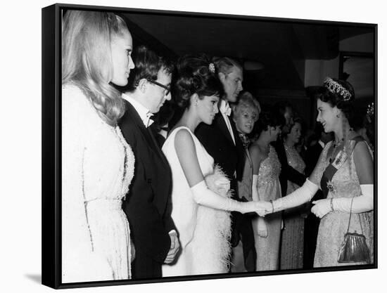 Raquel Welch Meets Queen Elizabeth in 1966 with Woody Allen and Ursula Andress-null-Framed Stretched Canvas