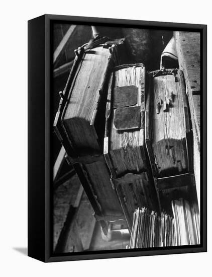 Rare Old, Clasp Bound Books in Library of a French Monastery-null-Framed Stretched Canvas