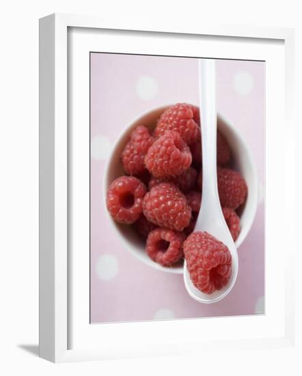 Raspberries in Small Bowl with Spoon-null-Framed Photographic Print