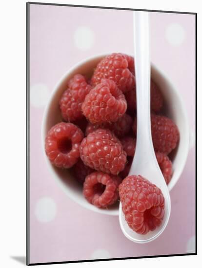 Raspberries in Small Bowl with Spoon-null-Mounted Photographic Print