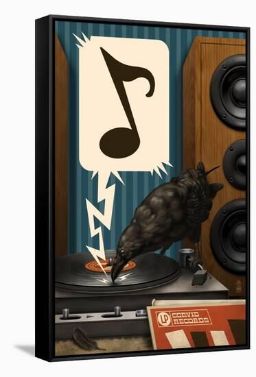 Raven and Record Player-Lantern Press-Framed Stretched Canvas