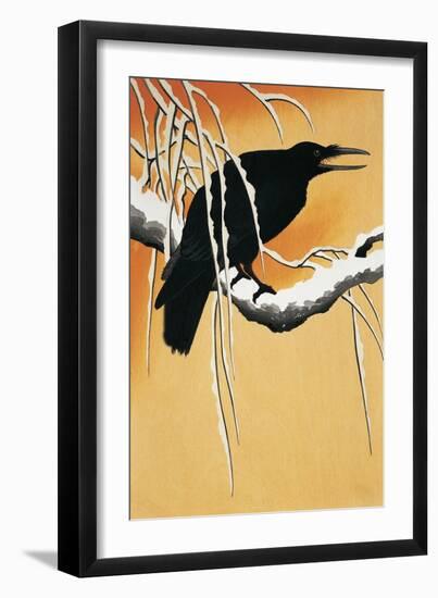 Raven Perching on a Branch (Corvus Corax)-null-Framed Giclee Print