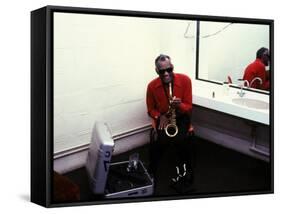 Ray Charles with His Alto Saxophone Backstage-null-Framed Stretched Canvas