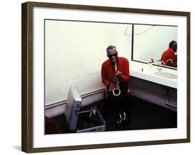 Ray Charles with His Alto Saxophone Backstage-null-Framed Photo