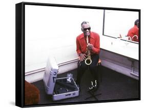 Ray Charles with His Alto Saxophone Backstage-null-Framed Stretched Canvas