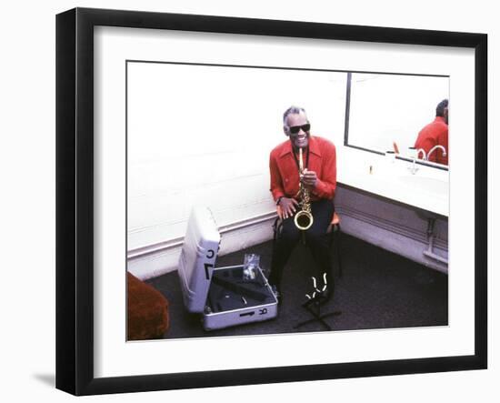 Ray Charles with His Alto Saxophone Backstage-null-Framed Photo