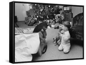 Raymond and Susie McFarland Looking at Their New Airedale Puppy Leaning Out of a Christmas Gift Box-Ralph Crane-Framed Stretched Canvas