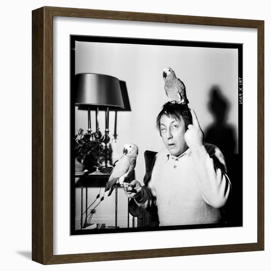 Raymond Devos with Two Parrots in Colmar, August 3968-Marcel Begoin-Framed Photographic Print