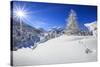 Rays of winter sun illuminate the snowy landscape around Maloja Canton of Engadine Switzerland Euro-ClickAlps-Stretched Canvas