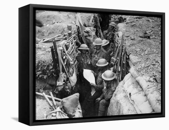 Reading a Newspaper in the Trenches, 1916-17-English Photographer-Framed Stretched Canvas