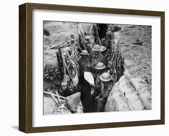 Reading a Newspaper in the Trenches, 1916-17-English Photographer-Framed Photographic Print