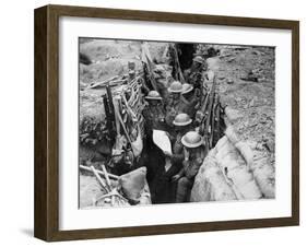 Reading a Newspaper in the Trenches, 1916-17-English Photographer-Framed Photographic Print