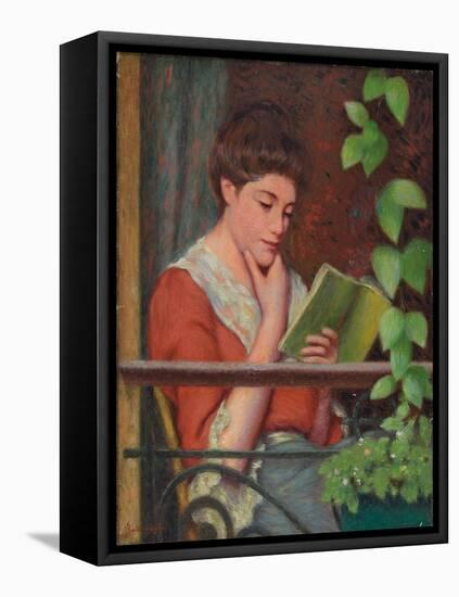 Reading Al Fresco - Woman on the Balcony; Lettura Al Fresco - Donna Al Balcone-Federigo Zandomeneghi-Framed Stretched Canvas