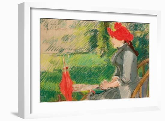 Reading in the Garden; or Woman in Red Hat, C. 1880-1882 (Pastel and Charcoal on Canvas)-Eva Gonzales-Framed Giclee Print