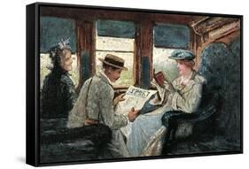 Reading Sports Page on the Train-null-Framed Stretched Canvas