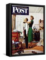 "Readying for First Date," Saturday Evening Post Cover, October 16, 1948-George Hughes-Framed Stretched Canvas